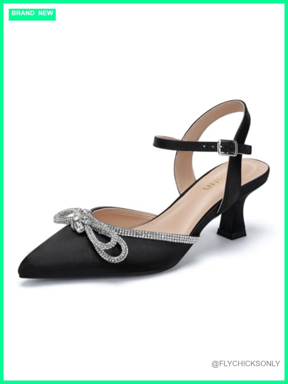 Wide Width Kitten Heels Rhinestone Bow Pointed Toe Pumps Ankle Strap